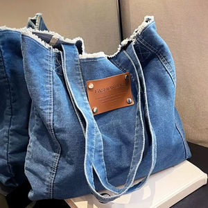 Bolso Tote de Mezclilla de Algodón Azul Lavado con Bolsillos, Bolso de Hombro de Tela, Bolso Sostenible para Compras, Viajes, Almacenamiento y Uso Diario - Product Image 1