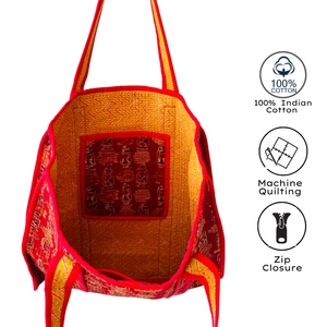 Block Printed Handmade Red Panelled Nonwoven Pure Cotton Bohemian Style Eco-friendly Tote <b>Bag</b> Zipper Closure <b>Beach</b> Summer - Product Image 5