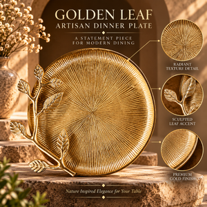 Assiette à dîner sculptée en forme de feuille dorée avec finition dorée texturée et éclatante |   Assiette de service décorative inspirée de la nature avec un motif de feuille élégant - Product Image 5