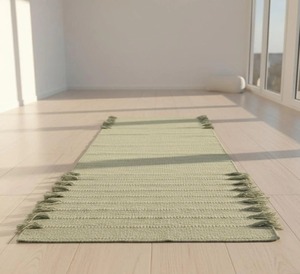 Green Rectangular Chenille <b>Rug</b> Handmade Contemporary Style With Tassels For Home Decor - Product Image 1