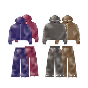 Unisex Streetwear Tracksuit Set Hooded Zipper Sweatshirt With Rhinestone <b>Details</b> And Drawstring Pants Solid Color Full Sleeve - Product Image 5