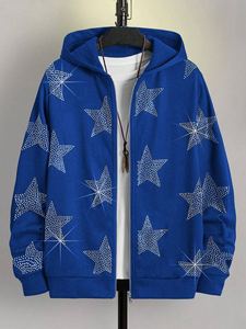 Sudadera con Capucha Azul para Hombre, 100% Algodón Ecológico, Tejido con Estampado de Estrellas de Diamantes de Imitación, Corte Holgado, Estilo Casual para Otoño - Product Image 3