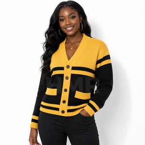 HMR Women <b>Acrylic</b> Women's Yellow Black Contrast Color <b>Block</b> Knitted V-neck Long Sleeve Cardigan Preppy Style All Season Wear - Product Image 1