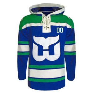 Green and blue wholesale ice hockey jersey vintage lace up pullover sportswear hoodie for <b>mens</b> or womens heavy fleece outfit - Product Image 4