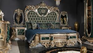 Juego de dormitorio de lujo verde esmeralda de madera de teca maciza, estilo Mid-Century, ideal para apartamentos, con cama King tallada en oro real y 2 mesitas de noche, Grand - Product Image 2