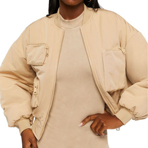 Blouson bomber beige de haute qualité pour femme, manches longues, fermeture éclair, col montant, couleur unie, idéal pour l'automne - Product Image 2