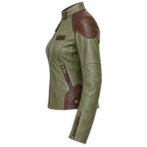 <b>Womens</b> Green <b>Brown</b> <b>Leather</b> <b>Jacket</b> Contrast Patchwork Stand Collar Biker Coat Zip Outerwear Slim Fit Custom <b>Women</b> Riding Apparel - Product Image 4