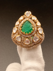 Amaira Jewels SM-745 Floral Shape 18K <b>Gold</b> Plated Emerald <b>Cocktail</b> <b>Ring</b> Women's Wedding Engagement Glam Style Pave Setting Stone - Product Image 5