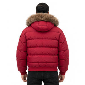 Men's Red Hooded Puffer Jacket <b>Fur</b> <b>Trim</b> Cotton Filled Windproof Zipper Closure Casual Winter Coat Worsted Fabric Streetwear - Product Image 3