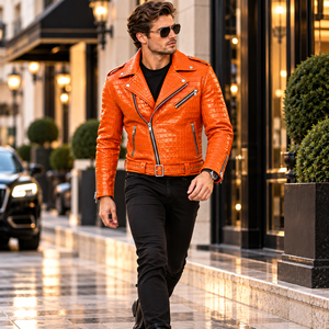 Premium Mens Orange for Pattern Leather Motorcycle Biker Jacket Breathable Winter <b>Belted</b> <b>Slim</b> Fit Zipper Closure - Product Image 4