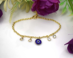 18K <b>Gold</b> Plated Oval Beach Charm <b>Beaded</b> Signet <b>Bracelet</b> with Evil Eye IGI Certified for Women - Product Image 3