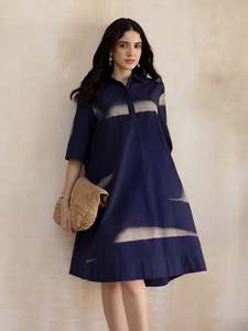 Robe midi à col polo, coupe ample, manches trois quarts, imprimé dégradé contrastant, coton tissé, décontractée, pour tous les jours, femme - Product Image 5
