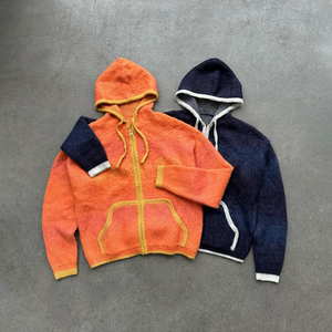 Custom OEM Fuzzy Mohair Zip Hoodie Oversized Boxy Fit Knitted <b>Cardigan</b> with Contrast Trim Streetwear <b>Men's</b> Knitted Sweater - Product Image 1