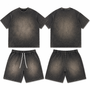 Ensemble coordonné t-shirt et short en coton épais délavé au soleil et à l'acide de qualité supérieure |   Survêtement vintage surdimensionné pour unisexe - Product Image 1