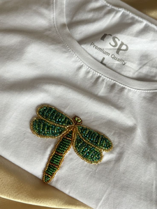 เสื้อยืดแฟชั่นสำหรับผู้หญิงเสื้อยืดปักลูกปัดผ้าฝ้ายสั้นแต่งพู่ลูกปัดแบบสองด้านที่ทันสมัยหรูหรา - Product Image 2