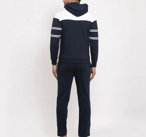 Men's Navy Blue Color Blocking Hooded <b>Sweatshirt</b> Set Casual Track Suit with <b>White</b> Stripes and Full Zip Design Autumn Wear - Product Image 3