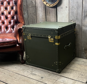 Olive Green Leather Wooden <b>Storage</b> Trunk Antique <b>Chest</b> Box with Brass Locks Studs and Corner Guards Rustic Furniture - Product Image 2