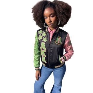 Chaqueta Bomber con Estampado de Hojas de Hiedra en Negro, Rosa y Verde para Mujer, Diseño Gráfico de Perlas 1908, Estilo Casual y Deportivo - Product Image 3