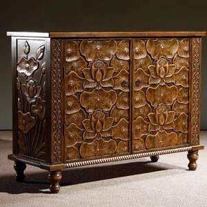 Hand-Carved Lotus Floral Relief Large Capacity Modern Design Solid Mango Wood <b>Sideboard</b> - Product Image 2