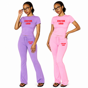 Custom Logo Short Sleeves Slim Fit Gym Tee Cotton T-Shirts Wide Leg Yoga Pants <b>Flared</b> <b>Leggings</b> 2 Pieces Women Yoga Set - Product Image 5