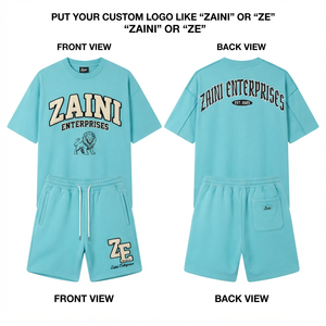 Ensemble t-shirt et short homme en coton polyester French Terry premium 280 GSM, bleu ciel, impression sérigraphique personnalisée, logo patch chenille - Product Image 1