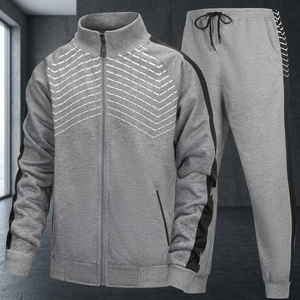 Ensemble de survêtement sportif gris pour homme, sweat à capuche zippé et pantalon de jogging, imprimé géométrique, respirant, en polyester, pour l'automne - Product Image 3