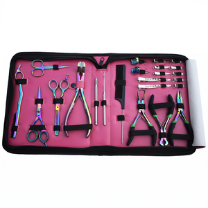 Complete Hair Extension Kit Rainbow Micro Bead Remover <b>Crimping</b> Plier Loop Tool 3 Wires Parting Rings Pink Storage Case - Product Image 1