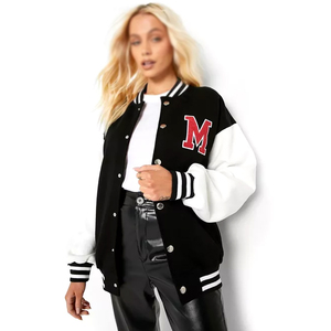 Women's Black Varsity Jacket With White Sleeve And Red M Logo With Best Price OEM ODM Service Unique Design Women Wear Jackets - Product Image 1