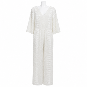 Mono de lentejuelas blancas de lujo con cuello en V y pierna ancha, elegante para fiestas, traje formal de noche, recepción de bodas, cóctel, para mujer - Product Image 1