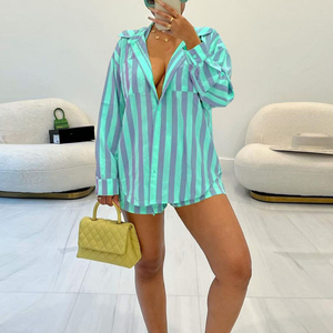Ensemble deux pièces rayé pour femmes, chemise ample avec short, manches longues, col rabattu, tenue décontractée printemps-été - Product Image 3