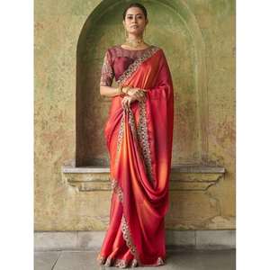 Incroyable saree rouge brodé en satin avec chemisier - Product Image 4