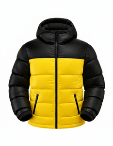Veste matelassée à capuche bicolore pour homme, légère et chaude pour l'hiver, avec fermeture éclair, coupe-vent décontractée pour l'extérieur, noir et jaune - Product Image 2