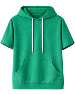 Haut à capuche vert à manches courtes pour homme, pull décontracté, t-shirt léger d'été, streetwear, mélange de coton, avec poche kangourou - Product Image 1