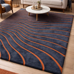 Tapis d'intérieur moderne en laine bleu foncé et rouille, tapis abstrait tufté à la main, tapis de décoration contemporain pour salon - Product Image 3