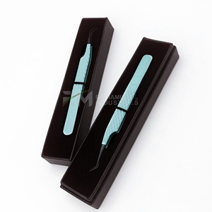 Pinces à cils RMI en acier inoxydable, pointe plasma noire de précision et pinces à cils couleur bleu poudre, emballage en boîte - Product Image 4