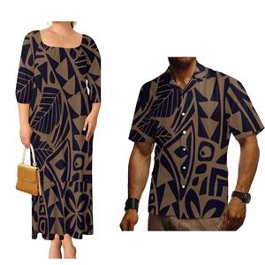 Venta al por mayor, 1 MOQ, Blusa blanca holgada para caballero y Vestido midi elegante y moderno con volantes para mujer, Traje de pareja polinesio - Product Image 3