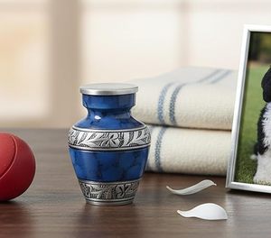 Classical Teardrop <b>Ceramic</b> Urn Blue with Silver Floral Band Pet Caskets & Urns Durable - Product Image 2