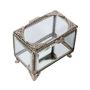 Vintage Antique Silver Metal Framed Clear Glass Jewelry Box Ornate Filigree Glass Trinket Casket Decorative <b>Display</b> <b>Case</b> Feet - Product Image 1