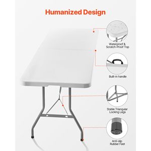 Table pliante portable robuste de 8 pieds, rectangulaire, en plastique, pour intérieur et extérieur, avec poignée intégrée - Product Image 6
