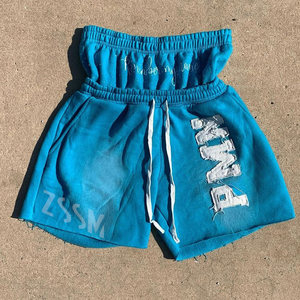 Pantalones Cortos Deportivos Personalizados para Hombre, Estilo Vintage, Lavado Ácido, Doble Cintura, con Parche Bordado en Lona, Felpa Francesa, Bajo sin Rematar - Product Image 1