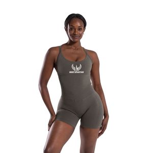 Combinaison de sport une pièce pour femme, gris olive, à bretelles croisées au dos, sans manches, extensible, pour le yoga, l'entraînement et la gym - Product Image 1