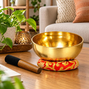 Bol chantant artisanal en laiton doré avec marteau en bois, bol sonore traditionnel pour la méditation, le yoga, la pleine conscience et la guérison sonore - Product Image 1