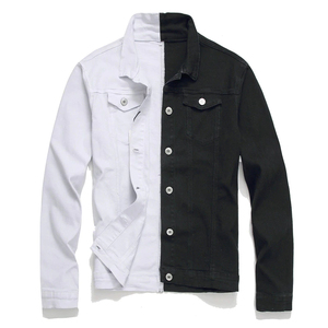 Men's Black And White Color Blocking <b>Denim</b> Jacket Turn-down Collar Single Breasted Casual Slim Fit Cotton <b>Material</b> - Product Image 1