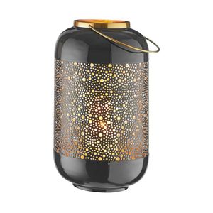 <b>Black</b> Iron <b>Lantern</b> With Wooden Top And Base Perforated Design Home Decoration Portable <b>Candle</b> Holder Indoor Outdoor Use - Product Image 4