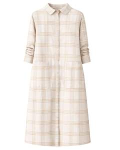 Robe chemise longue beige à carreaux pour femme, boutonnée, motif à carreaux, robe midi décontractée, manches longues, vente en gros personnalisée - Product Image 1