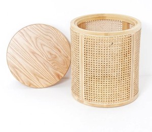 Round Solid Wood and Handwoven Natural Rattan Cane <b>Storage</b> <b>Side</b> <b>Table</b> with Removable Lid for Living Room Bedroom and Home Decor - Product Image 3