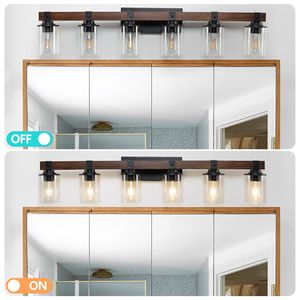 Lampada da Parete Industriale Rustica Moderna da 42 Pollici a 6 Luci per Bagno, con Accenti in Legno e Paralumi in Vetro - Product Image 5