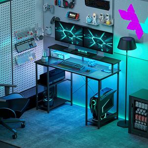 Scrivania per Computer Reversibile Nera Effetto Invecchiato da 47 Pollici con Prese di Corrente e Luci LED per Ufficio o Hotel - Product Image 2