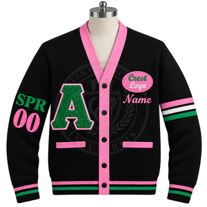 Cardigans personnalisés Alpha Sorority, col en V, en acrylique tricoté, noirs, pour femmes, avec broderie chenille grecque, style color block varsity. - Product Image 1