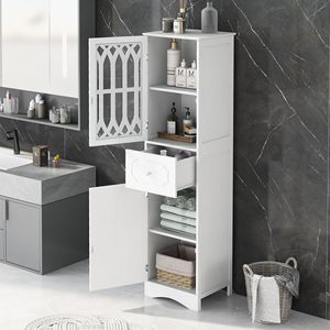 Mobile bagno alto autoportante con cassetto e ante, in MDF e acrilico, con ripiano regolabile, mobile contenitore - Product Image 1